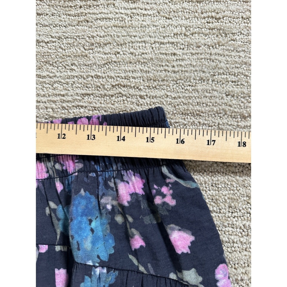 Vince Floral Smocked Waist Midi Skirt Navy Blue Orange Rayon Blend Large - Picture 5 of 9